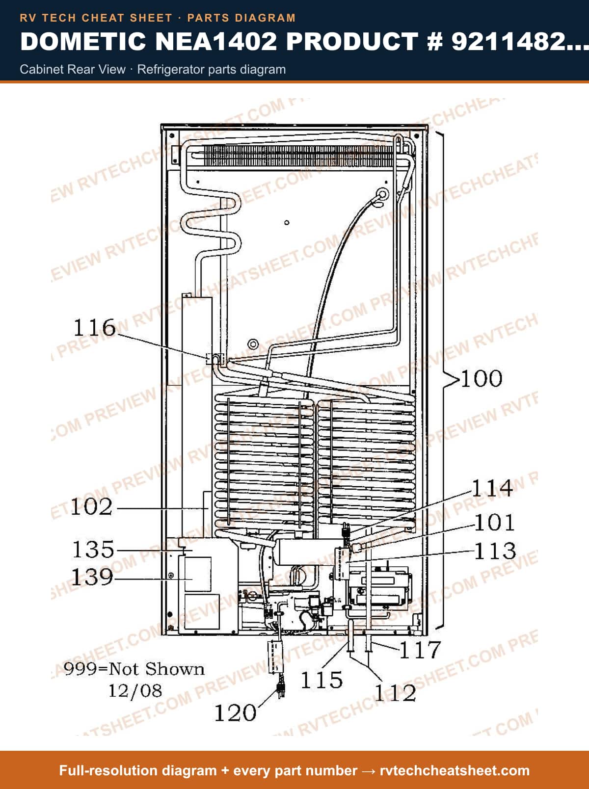 Dometic NEA1402 Product # 921148259 cabinet rear view — parts list sheet