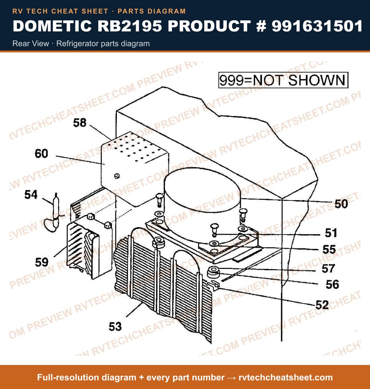 Dometic RB2195 Product # 991631501 rear view — exploded parts diagram