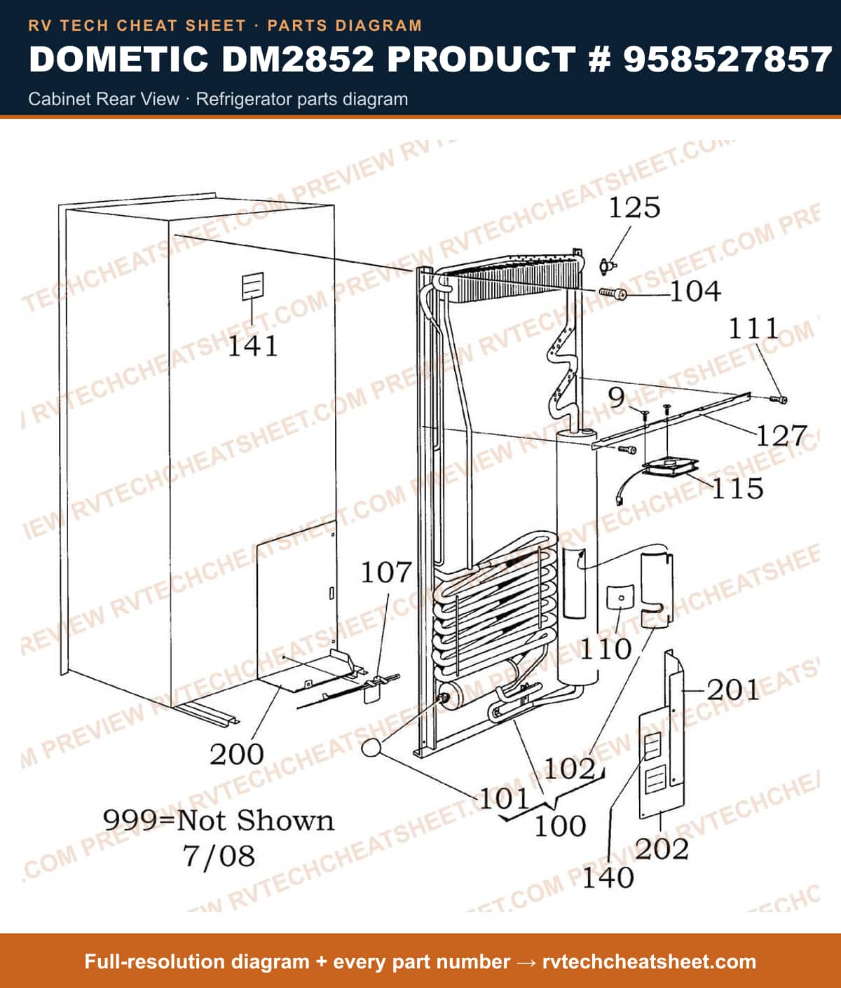 Dometic DM2852 Product # 958527857 cabinet rear view — parts list sheet