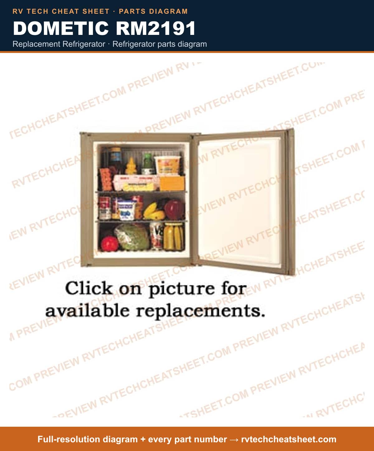 Dometic RM2191 replacement refrigerator — parts list sheet