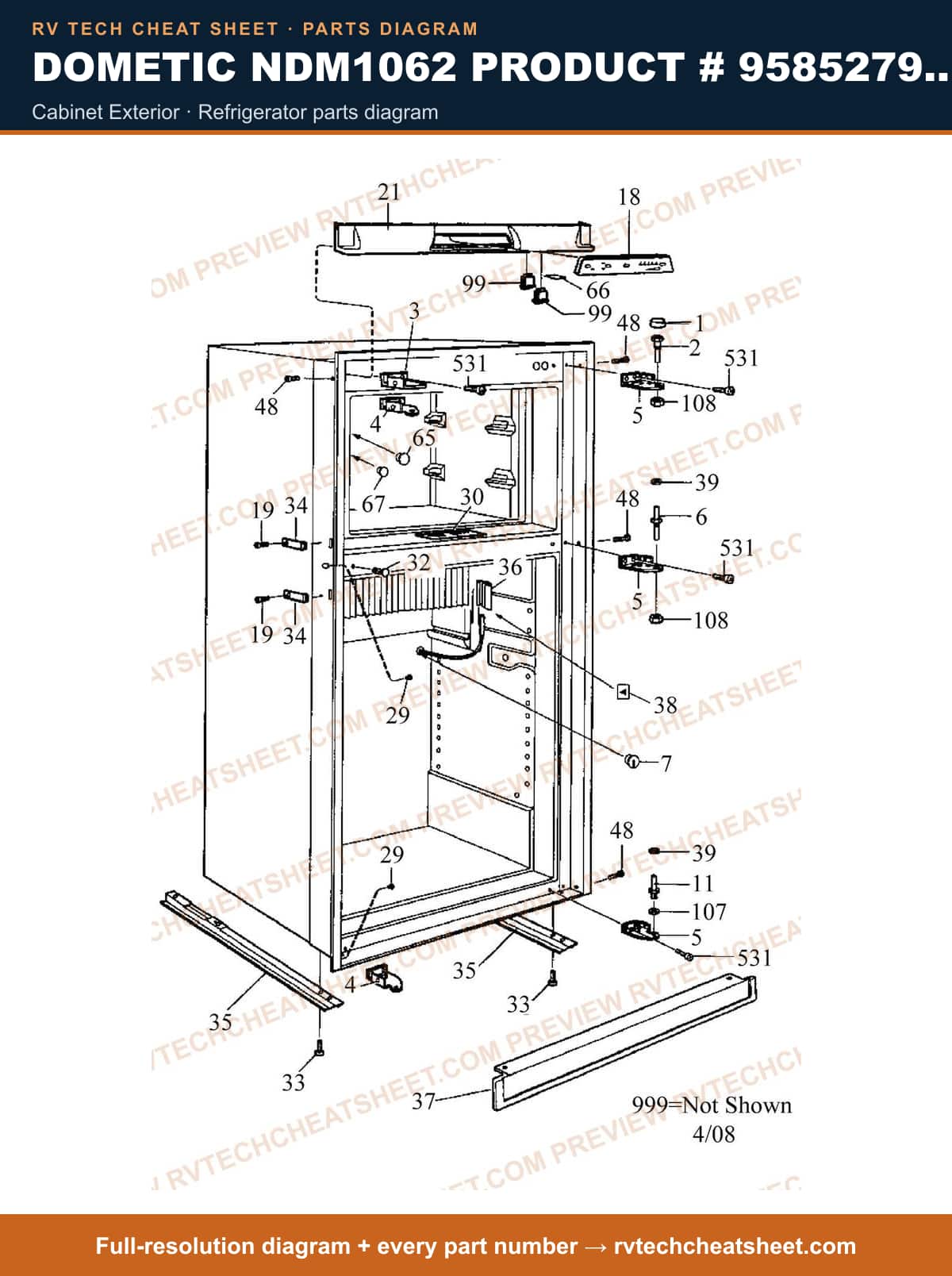Dometic NDM1062 Product # 958527912 Black cabinet exterior — parts list sheet