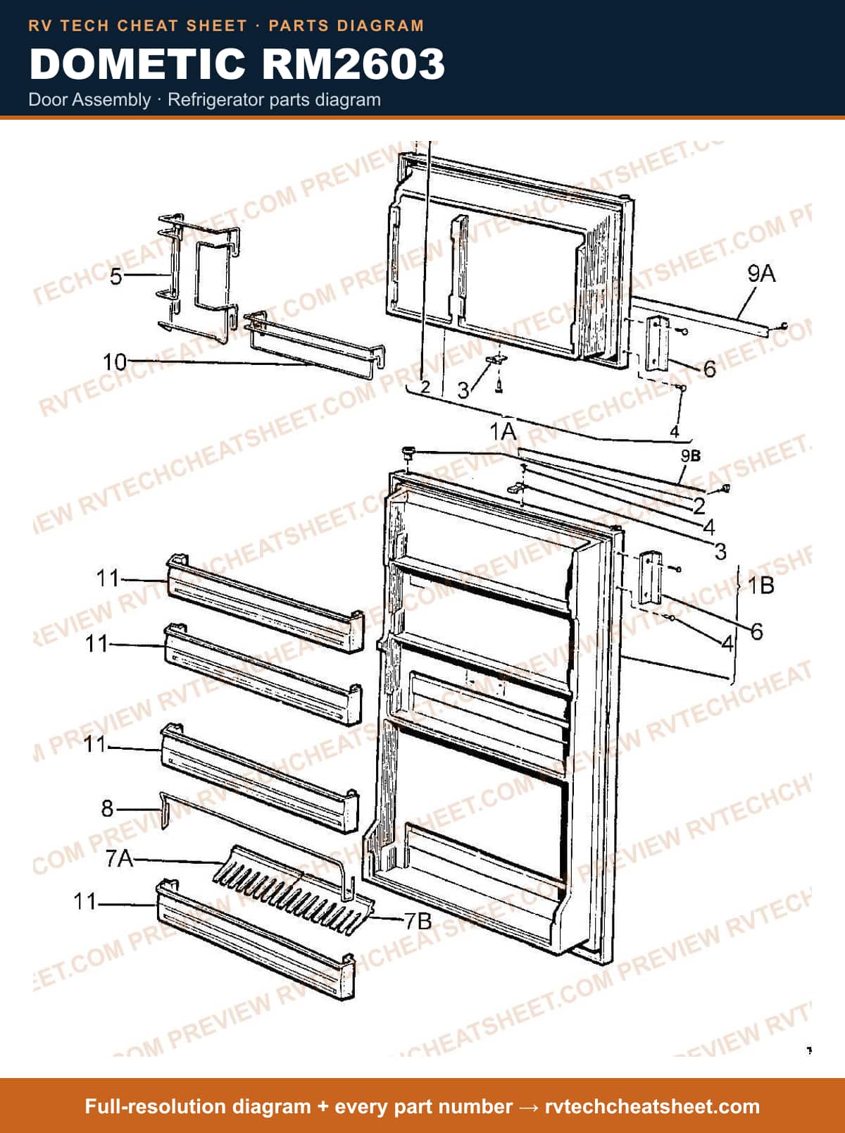 Dometic RM2603 door assembly — parts list sheet