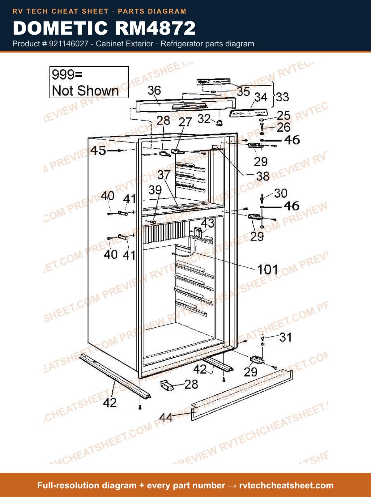 Dometic RM4872 product # 921146027 - cabinet exterior — parts list sheet