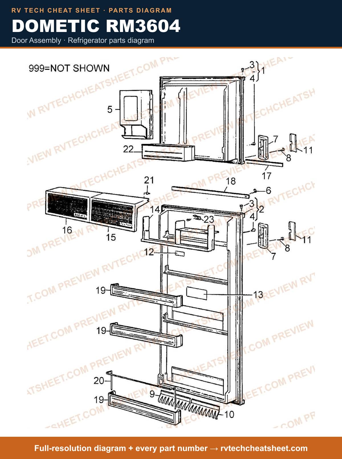 Dometic RM3604 door assembly — parts list sheet