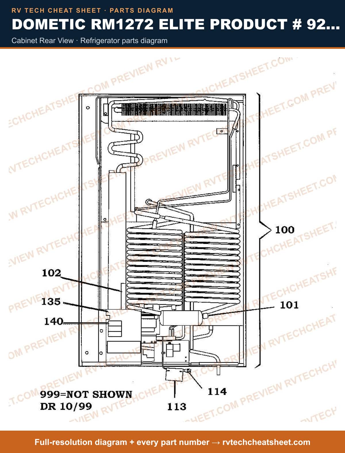 Dometic RM1272 Elite Product # 921148089 Black cabinet rear view — parts list sheet