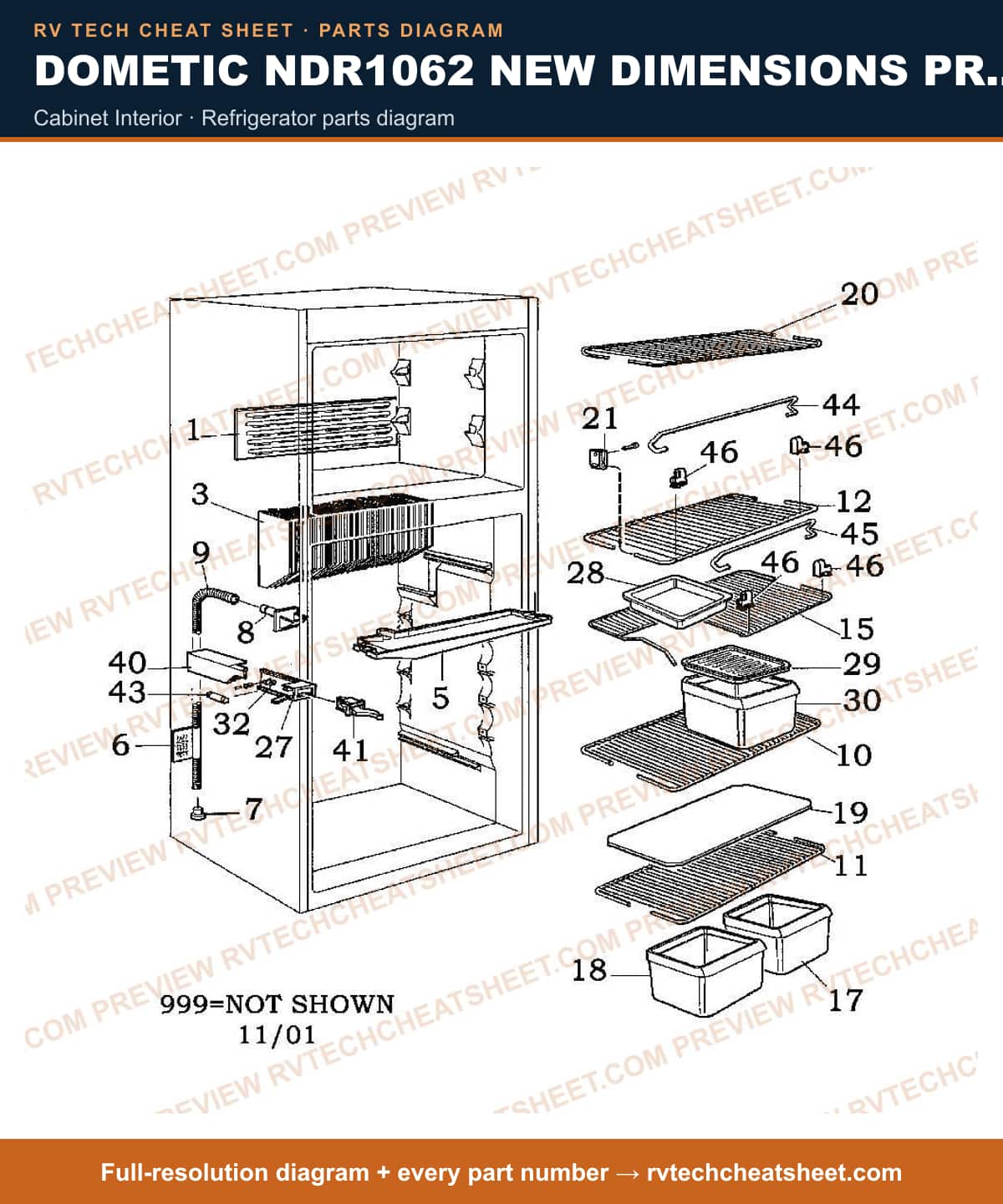 Dometic NDR1062 New Dimensions Product # 921146083 (beige) cabinet interior — parts list sheet