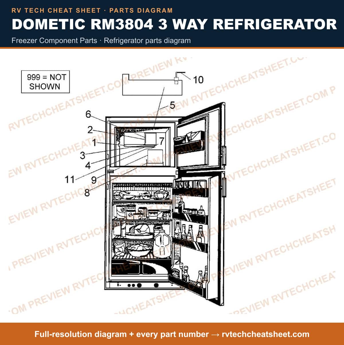 Dometic RM3804 3 Way Refrigerator freezer component parts — parts list sheet