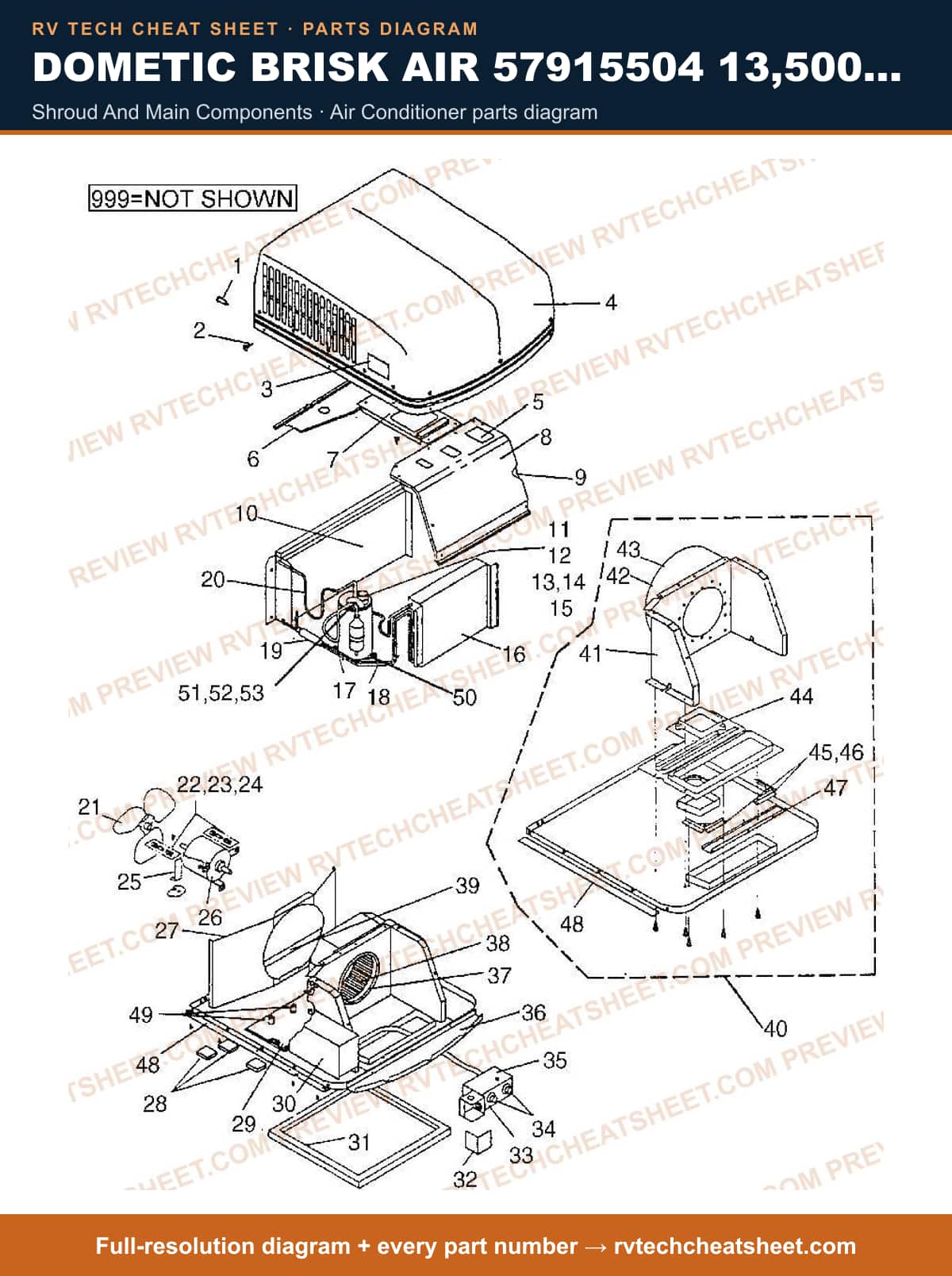 Dometic Brisk Air 57915504 13,500 BTU shroud and main components — exploded parts diagram