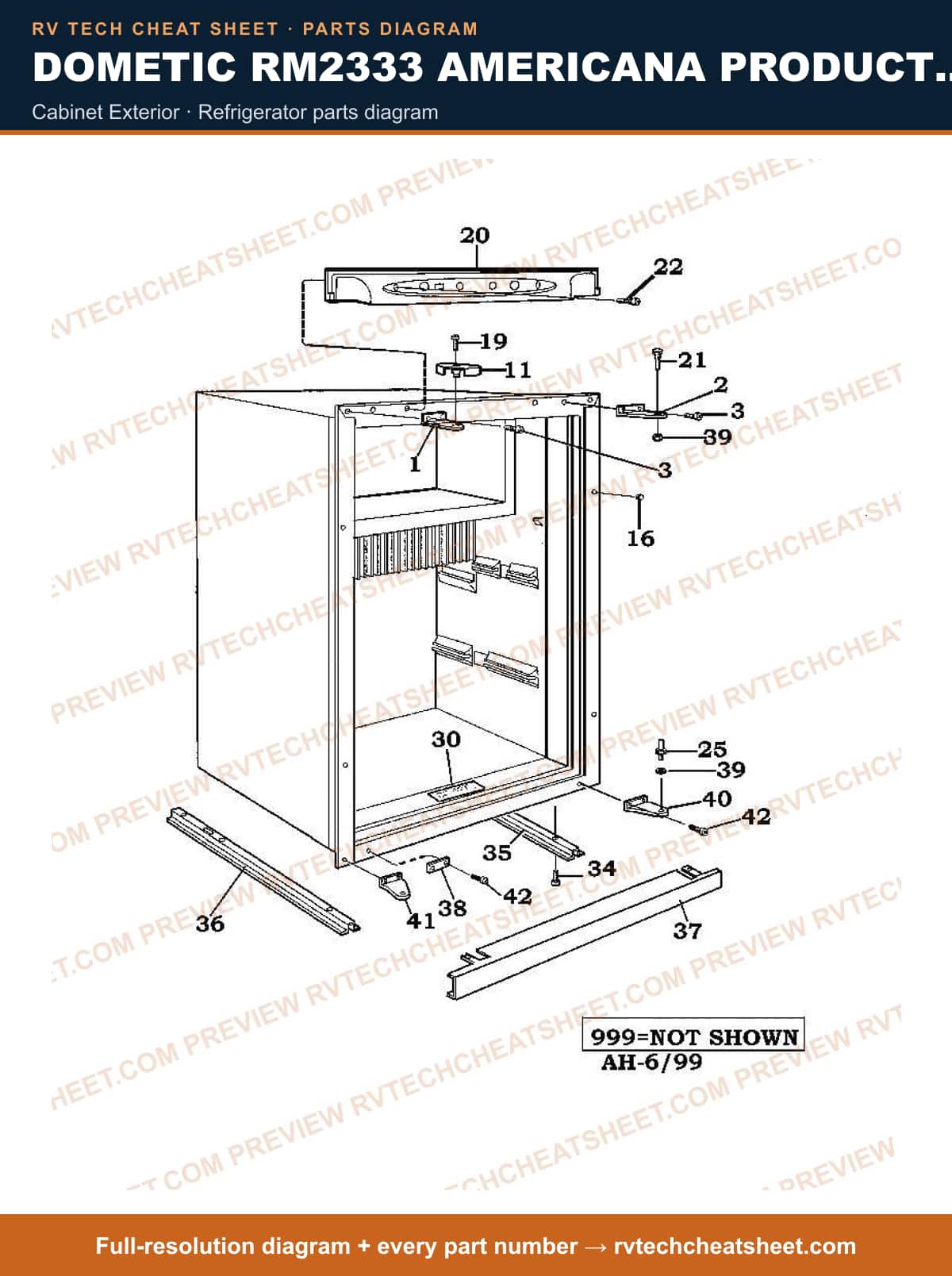 Dometic RM2333 Americana Product # 926695401 cabinet exterior — parts list sheet