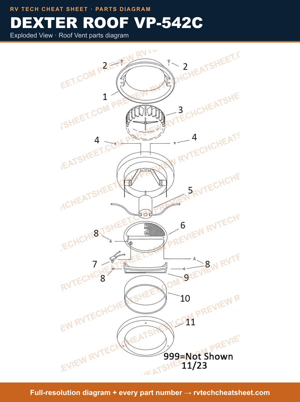 Dexter Roof VP-542C exploded view — parts list sheet 1 of 3