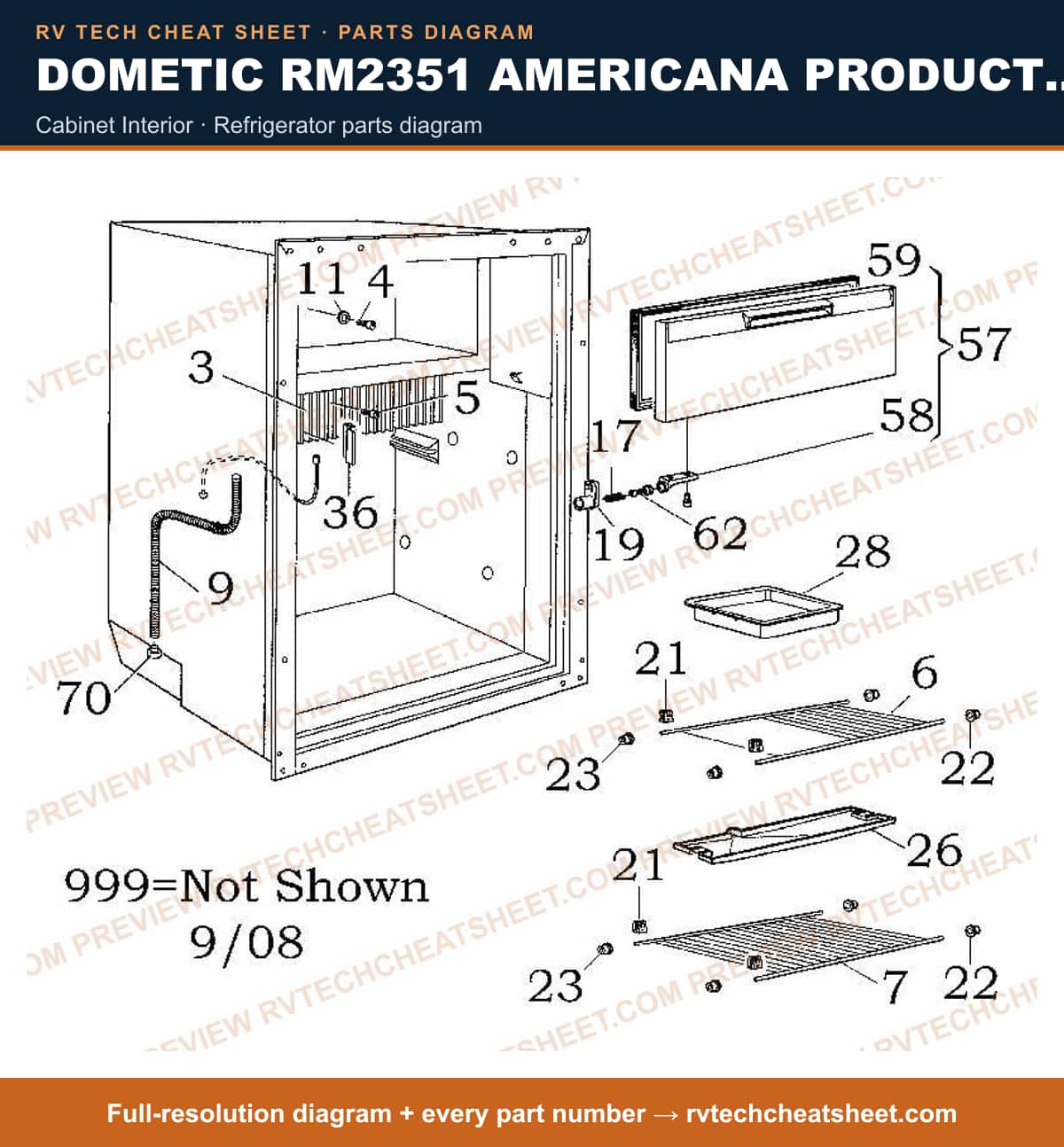Dometic RM2351 Americana Product # 921145040 Black cabinet interior — parts list sheet