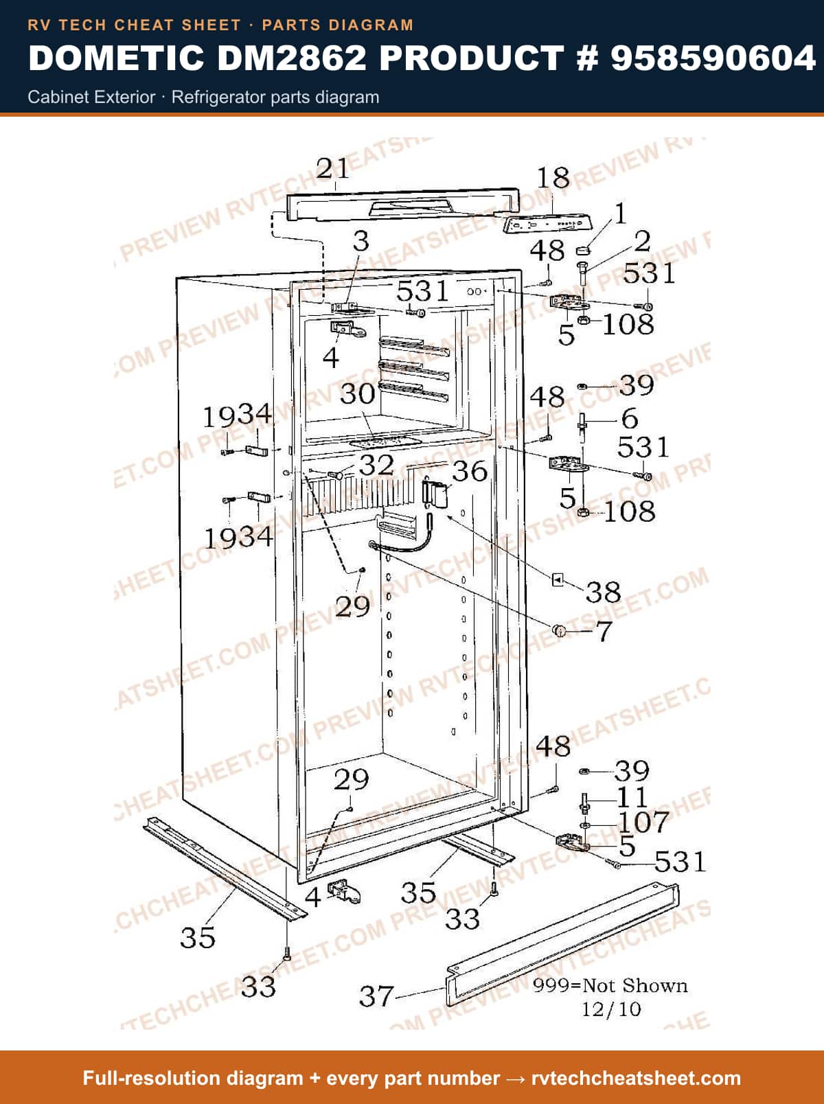 Dometic DM2862 Product # 958590604 cabinet exterior — parts list sheet