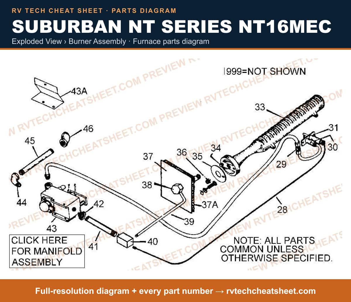 Suburban Nt Series NT16MEC exploded view › burner assembly — exploded parts diagram
