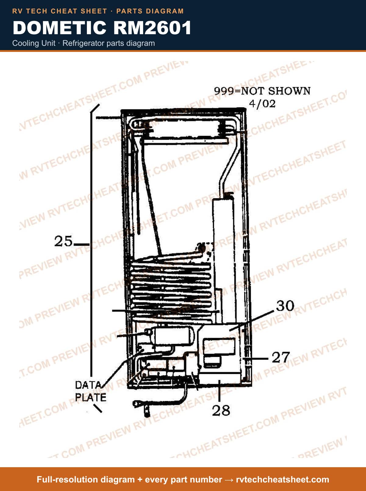Dometic RM2601 cooling unit — parts list sheet