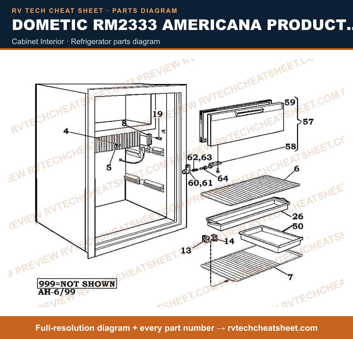 Dometic RM2333 Americana Product # 926695801 cabinet interior — parts list sheet