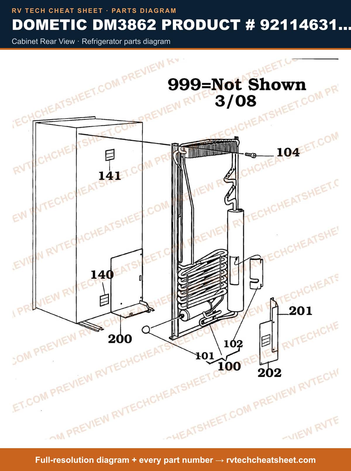 Dometic DM3862 Product # 921146312 Stainless cabinet rear view — parts list sheet