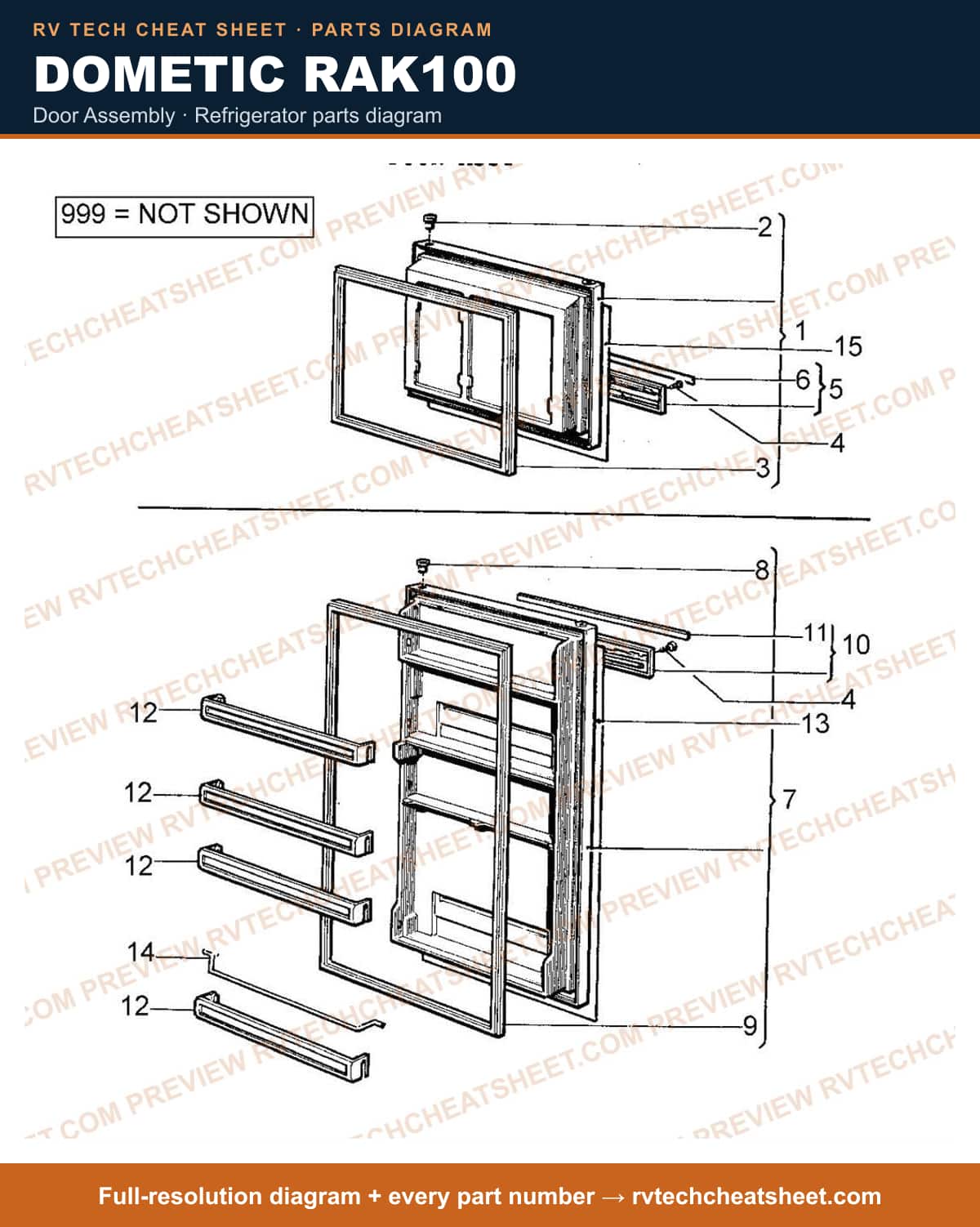 Dometic RAK100 door assembly — exploded parts diagram