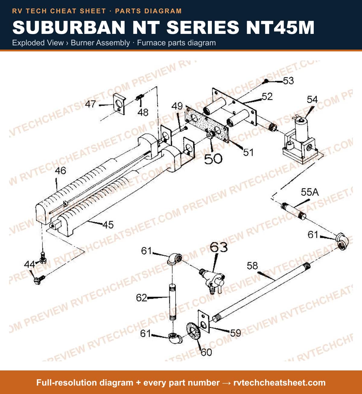 Suburban Nt Series NT45M exploded view › burner assembly — exploded parts diagram 1 of 2