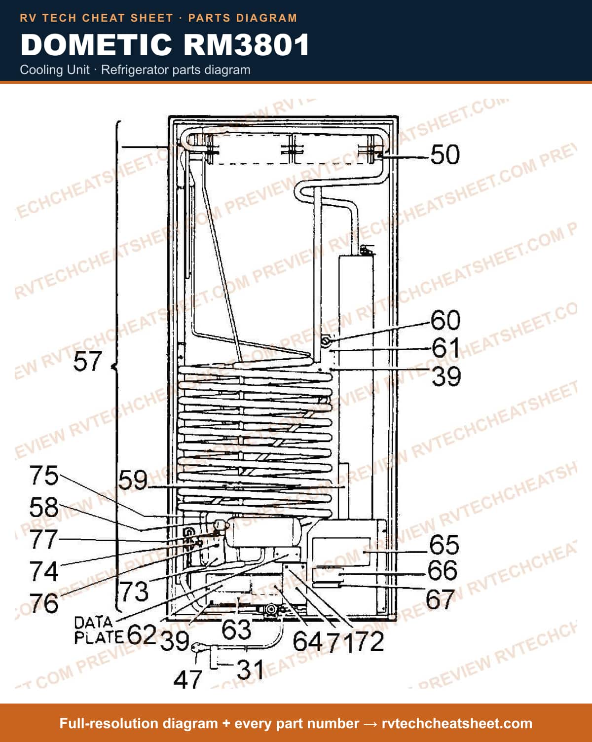 Dometic RM3801 cooling unit — parts list sheet