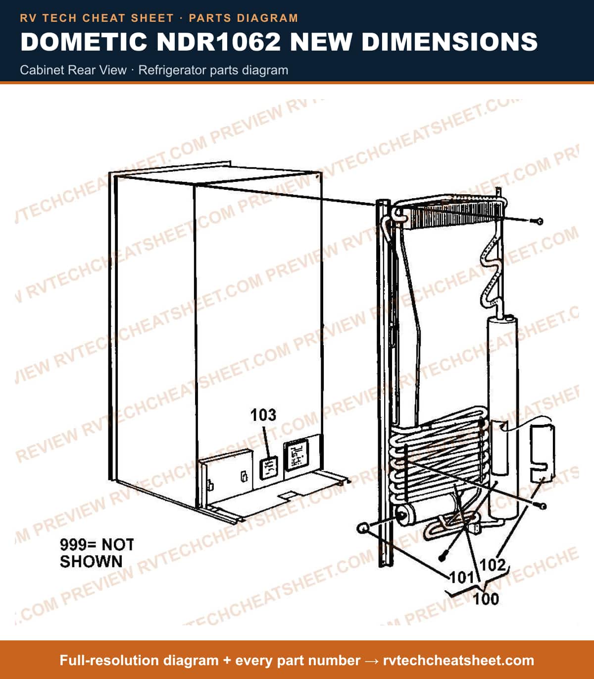 Dometic NDR1062 New Dimensions cabinet rear view — parts list sheet