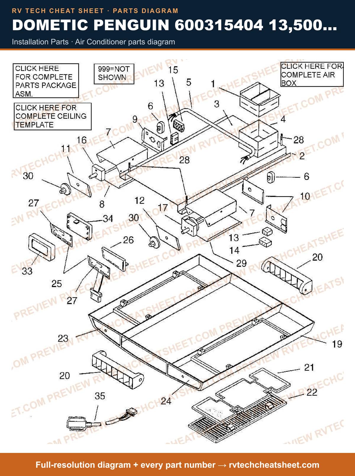 Dometic Penguin 600315404 13,500 BTU installation parts — parts list sheet