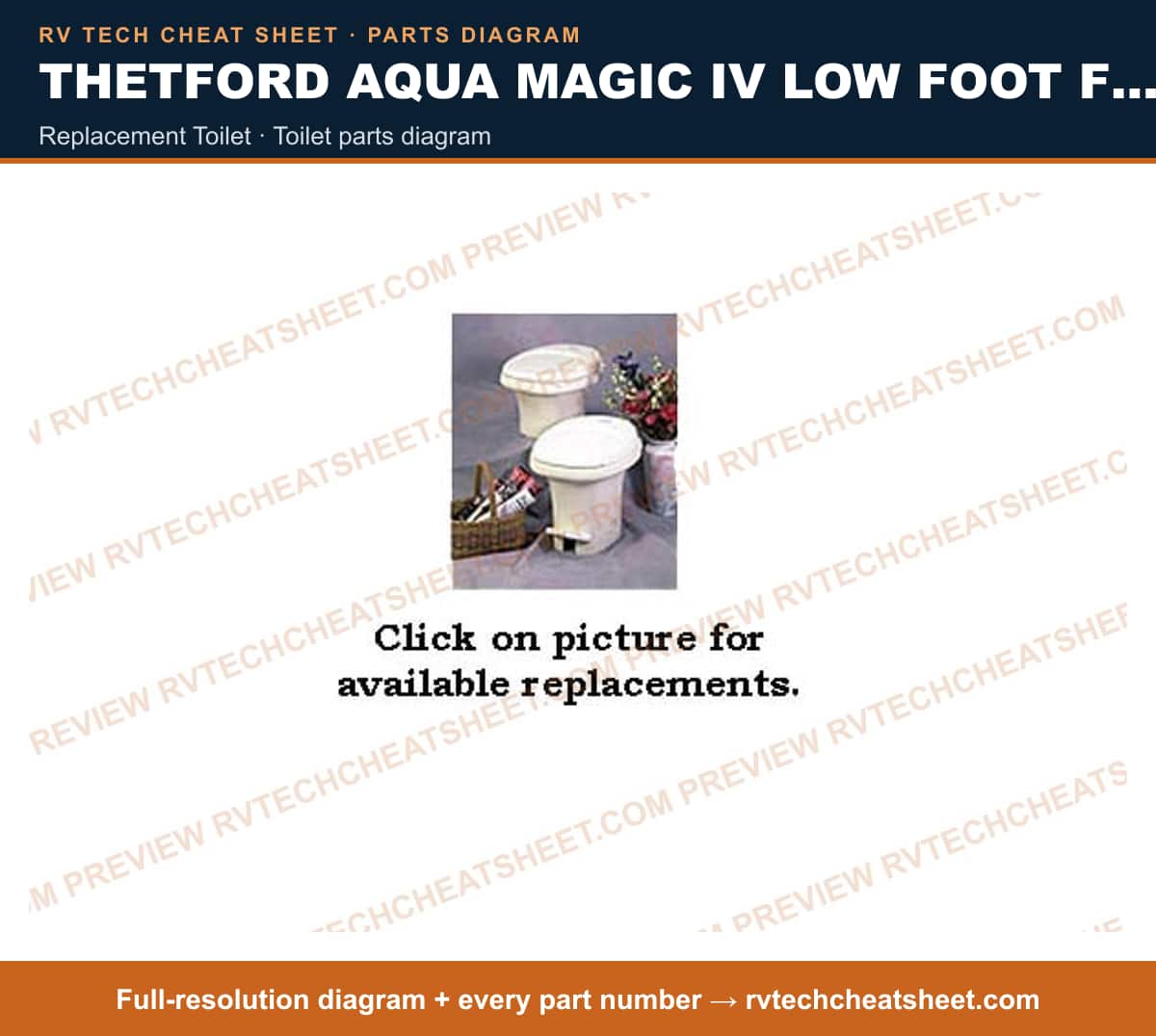 Thetford Aqua Magic IV Low Foot Flush replacement toilet — exploded parts diagram 1 of 3