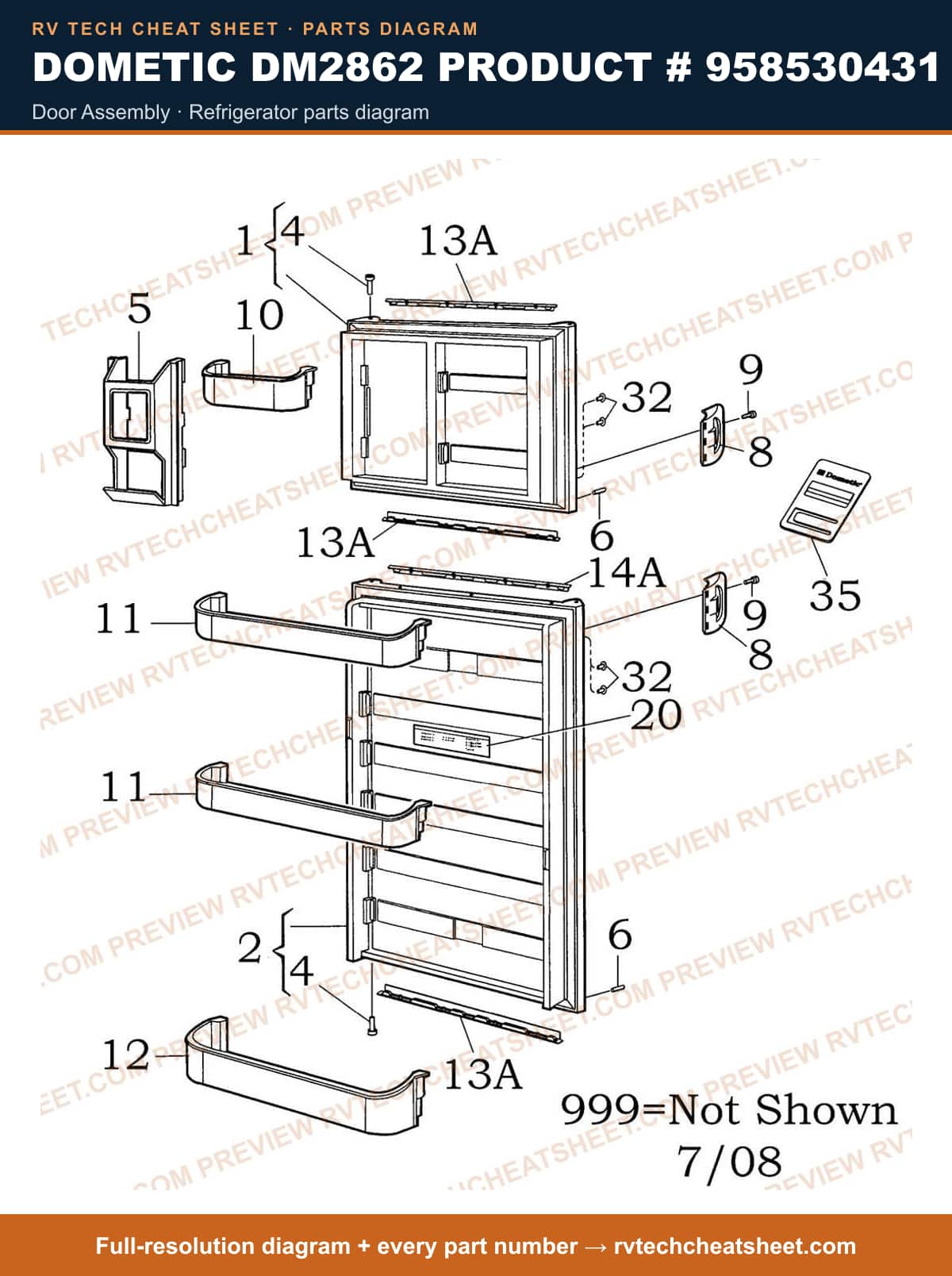 Dometic DM2862 Product # 958530431 door assembly — parts list sheet