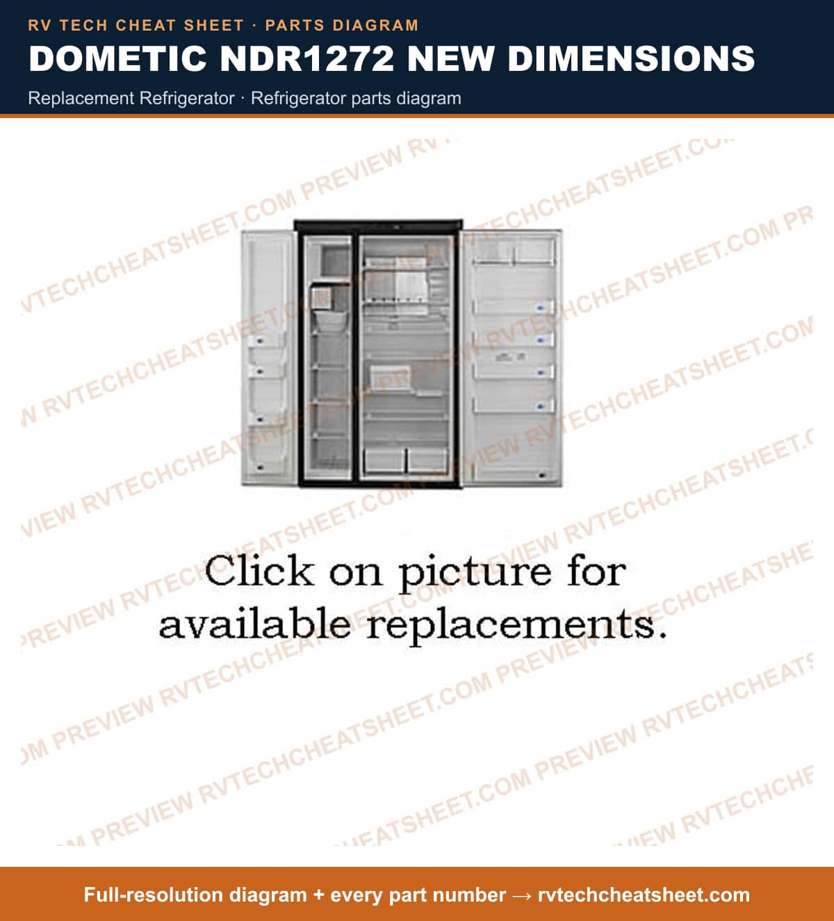 Dometic NDR1272 New Dimensions replacement refrigerator — parts list sheet