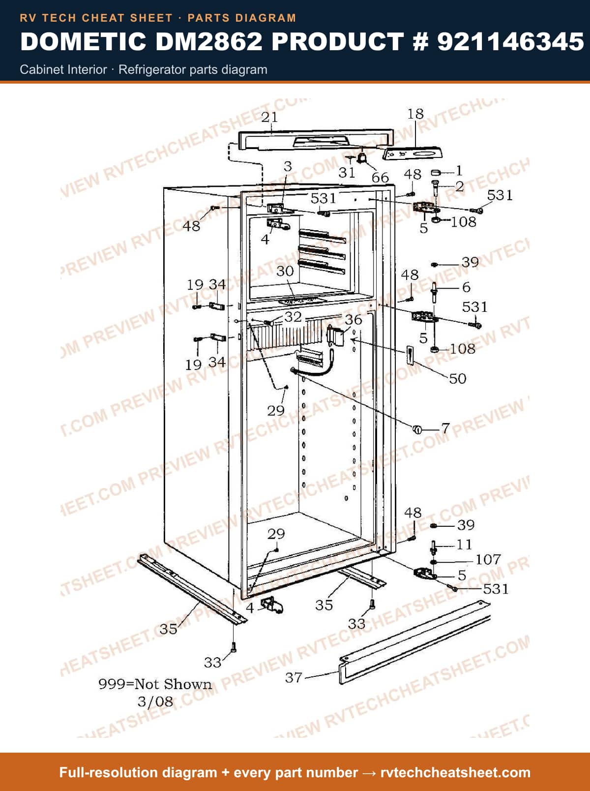 Dometic DM2862 Product # 921146345 cabinet interior — parts list sheet