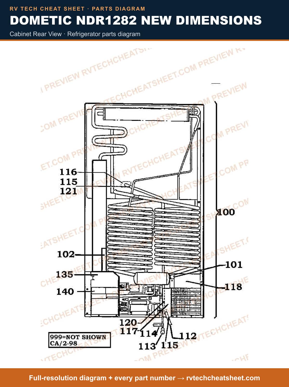 Dometic NDR1282 New Dimensions cabinet rear view — parts list sheet