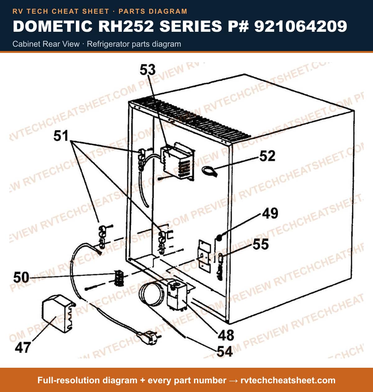 Dometic RH252 Series P# 921064209 cabinet rear view — parts list sheet