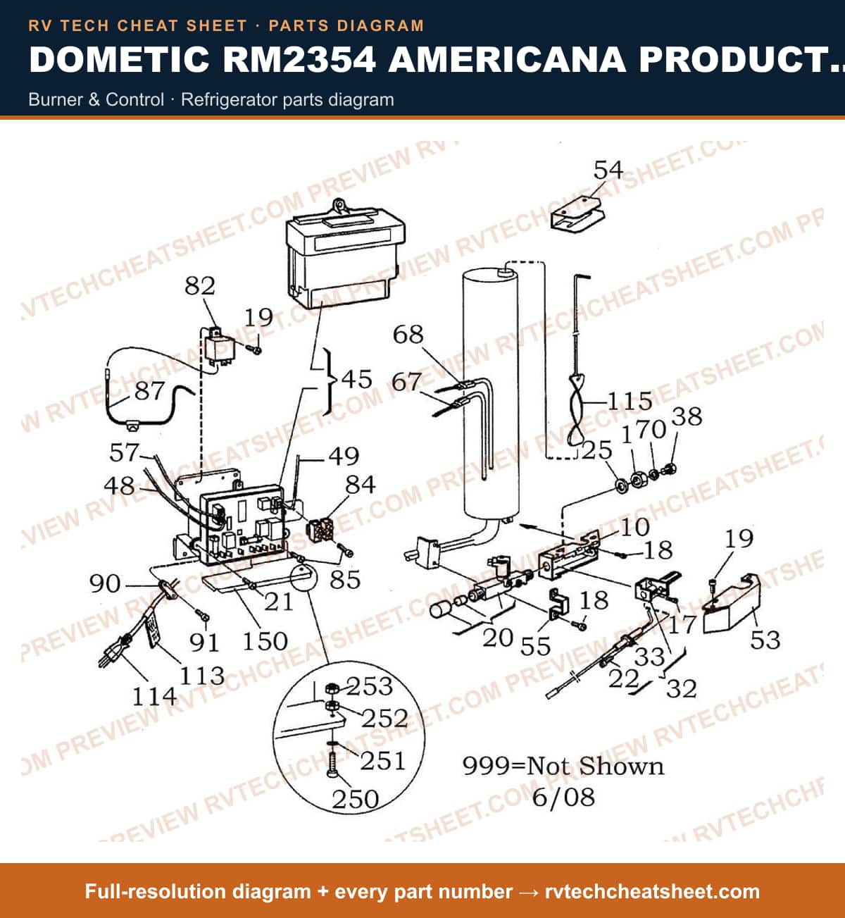 Dometic RM2354 Americana Product # 921145052 Black burner & control — parts list sheet
