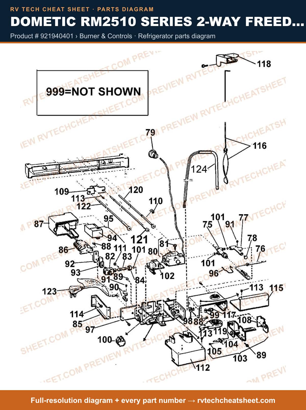 Dometic RM2510 Series 2-WAY Freedom product # 921940401 › burner & controls — parts list sheet