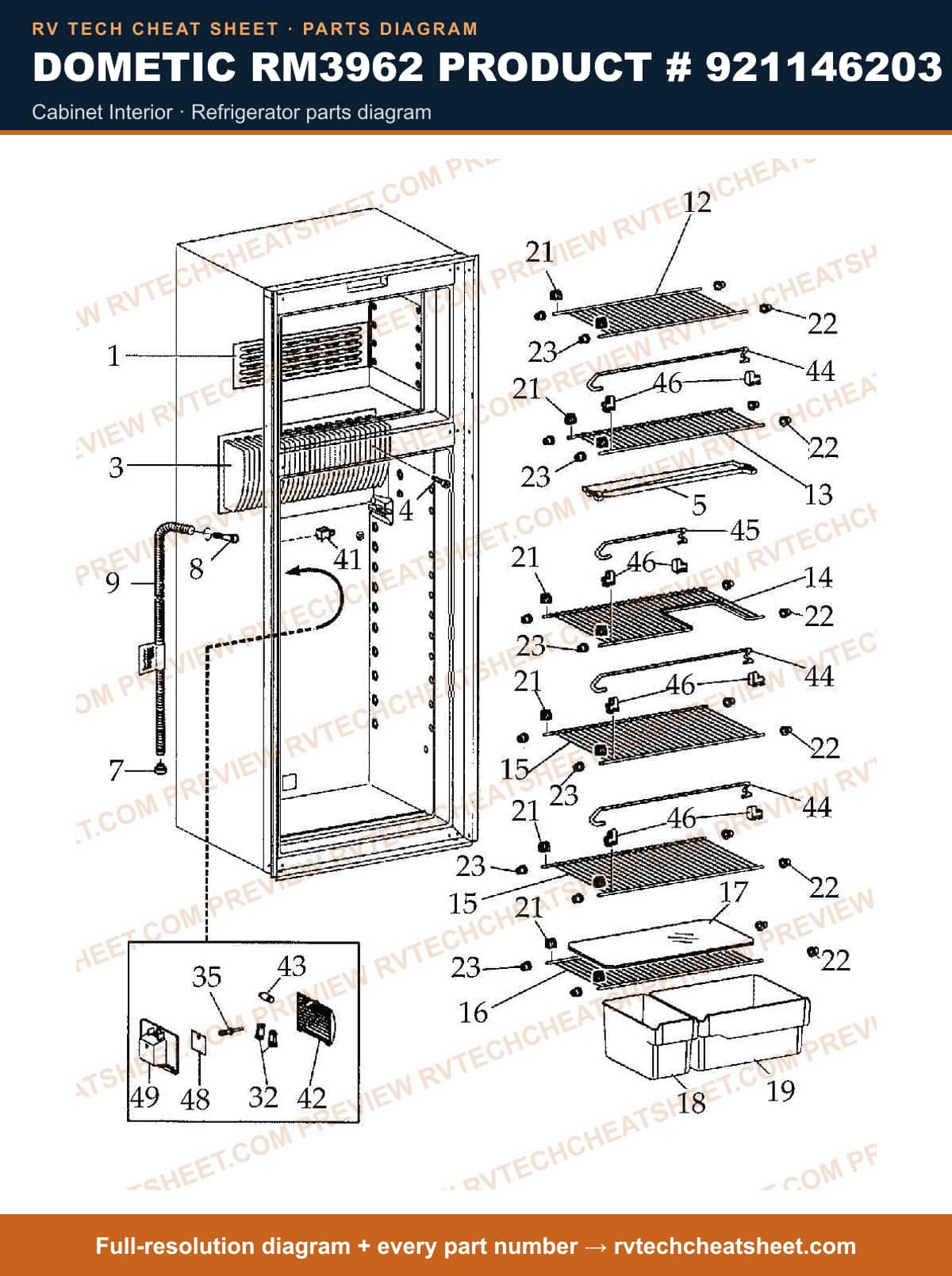 Dometic RM3962 Product # 921146203 cabinet interior — parts list sheet