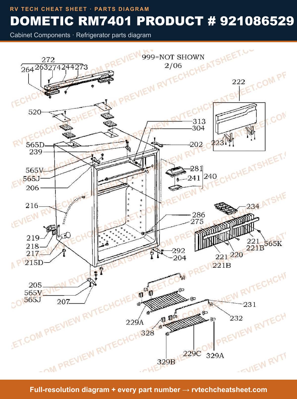 Dometic RM7401 Product # 921086529 cabinet components — parts list sheet