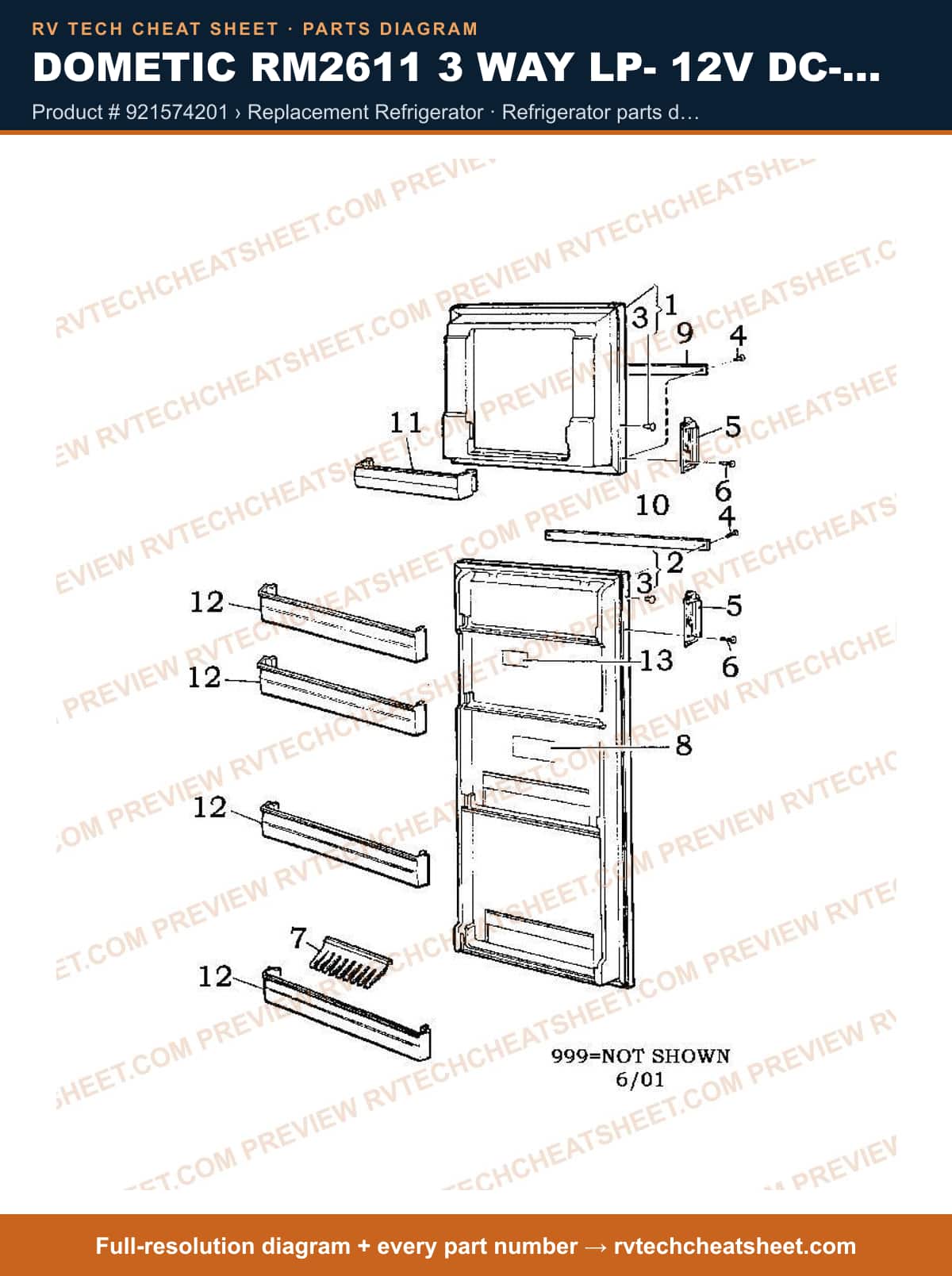 Dometic RM2611 3 Way Lp- 12V Dc- 110V AC product # 921574201 › replacement refrigerator — parts list sheet