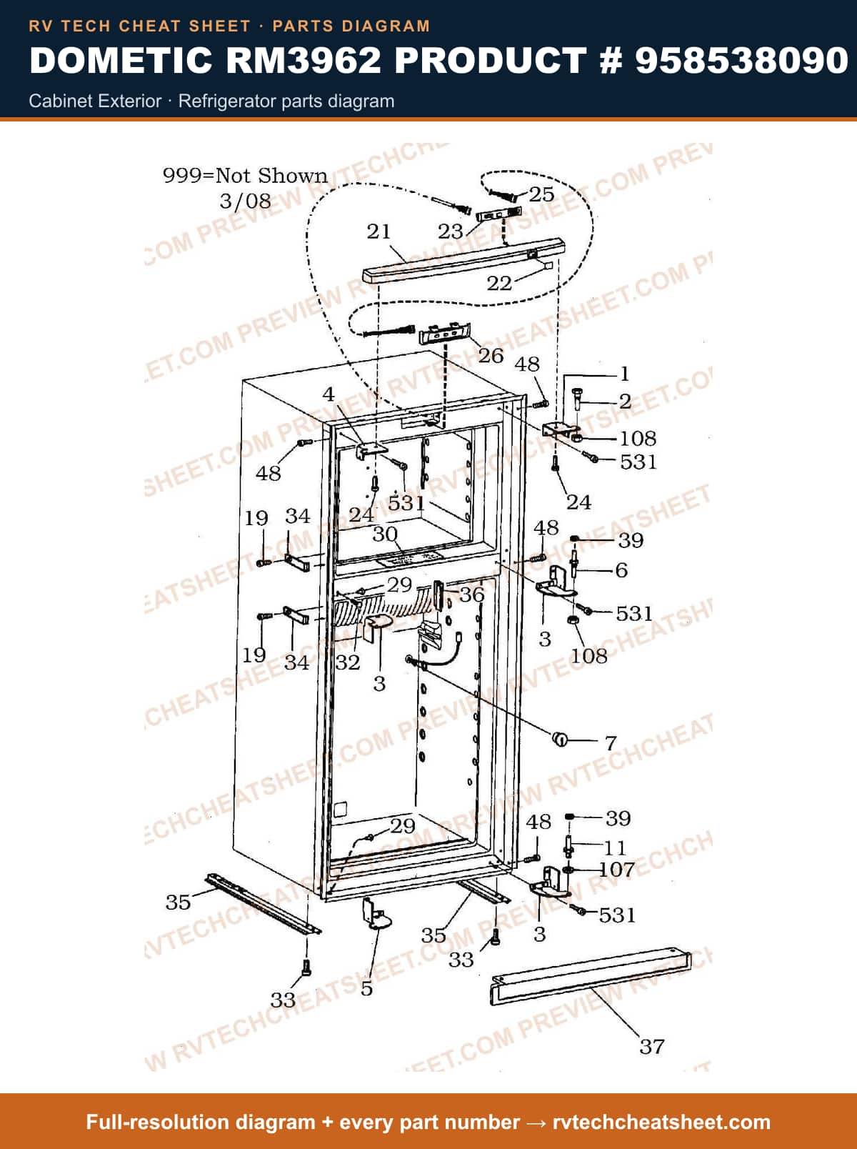 Dometic RM3962 Product # 958538090 cabinet exterior — parts list sheet