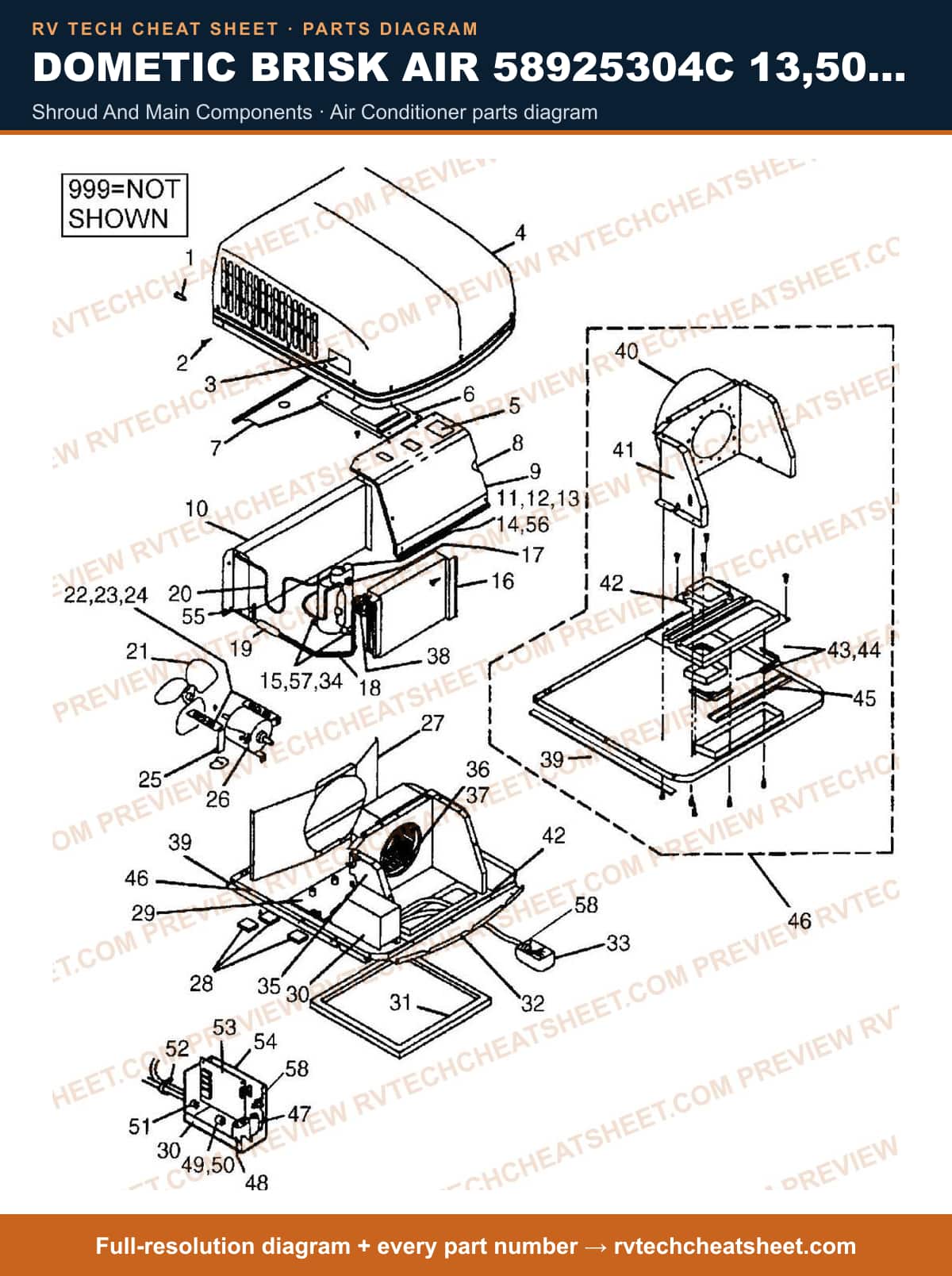 Dometic Brisk Air 58925304C 13,500 BTU shroud and main components — parts list sheet