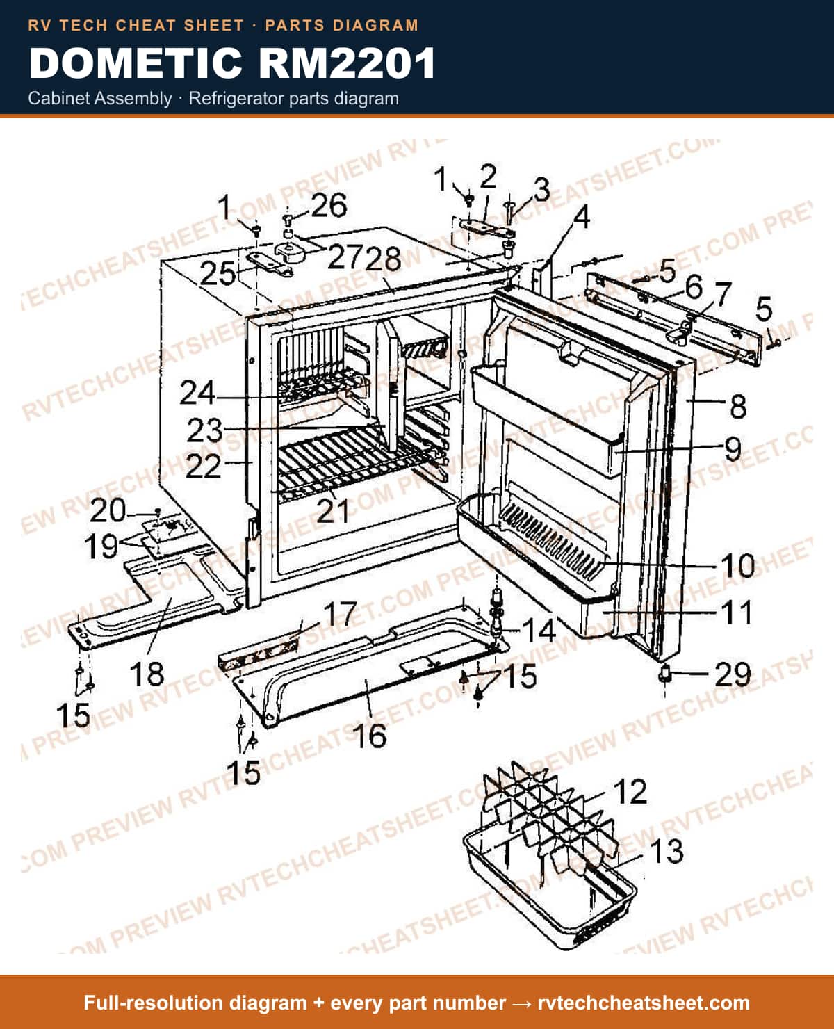 Dometic RM2201 cabinet assembly — parts list sheet