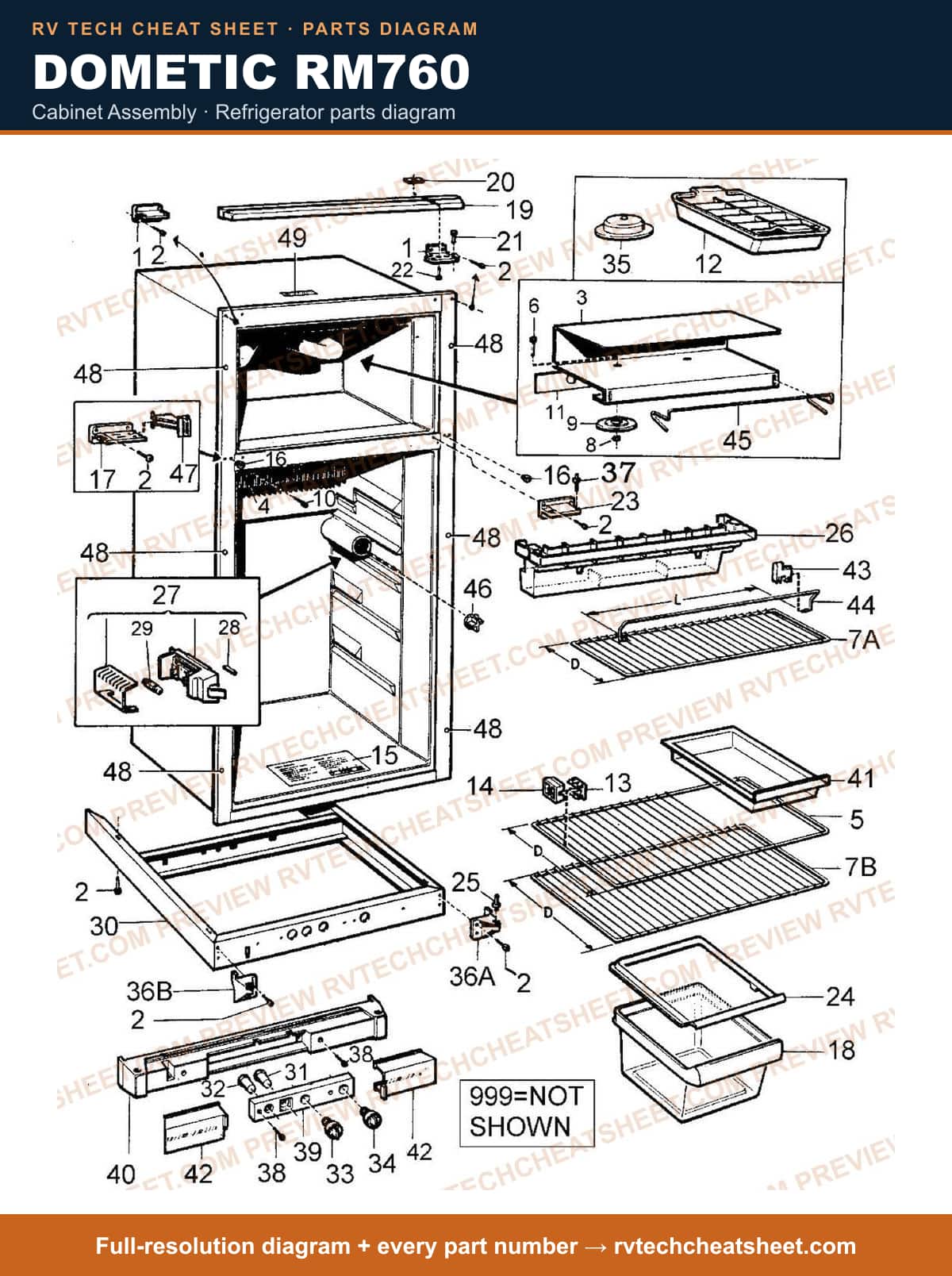 Dometic RM760 cabinet assembly — parts list sheet