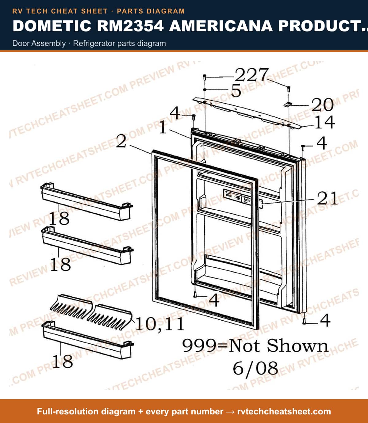 Dometic RM2354 Americana Product # 921145052 Black door assembly — parts list sheet