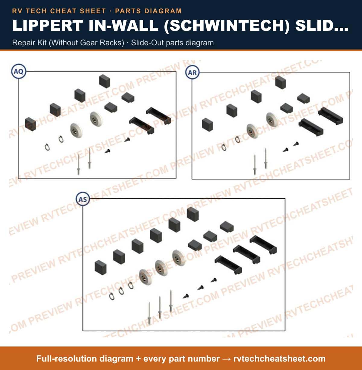 Lippert In-Wall (Schwintech) Slide-Out repair kit (without gear racks) — exploded parts diagram