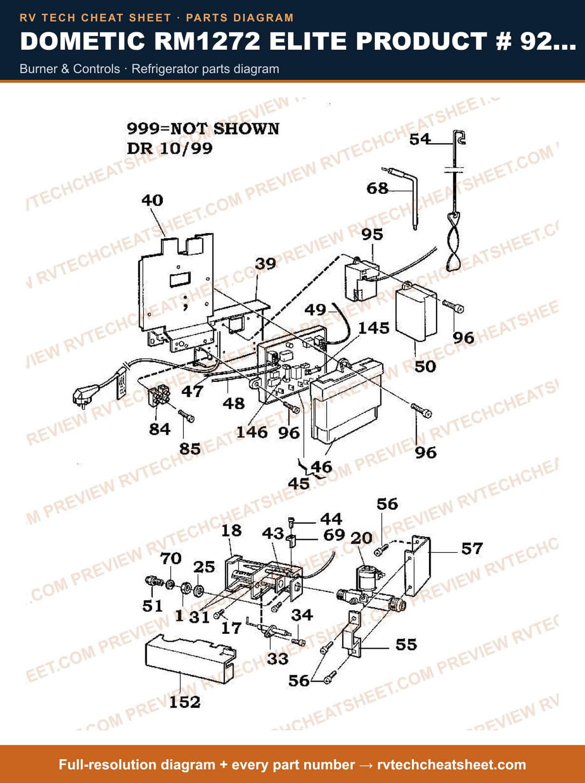 Dometic RM1272 Elite Product # 921148084 Beige burner & controls — parts list sheet