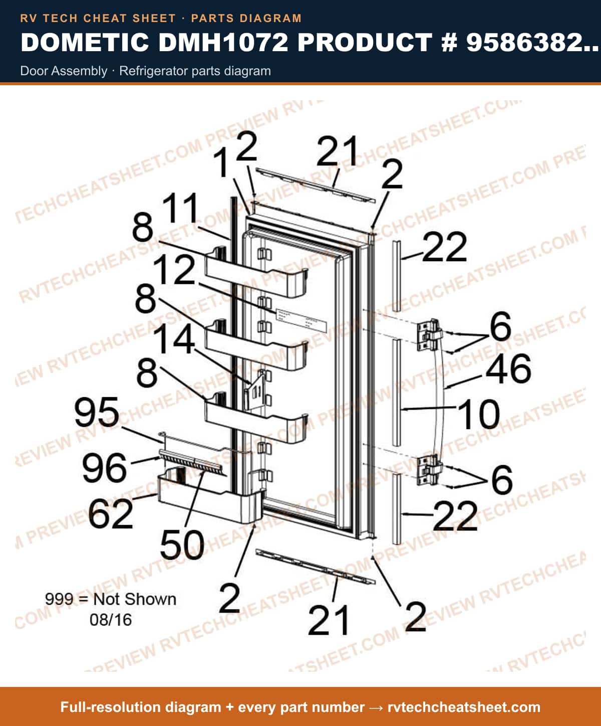 Dometic DMH1072 Product # 958638246 door assembly — parts list sheet