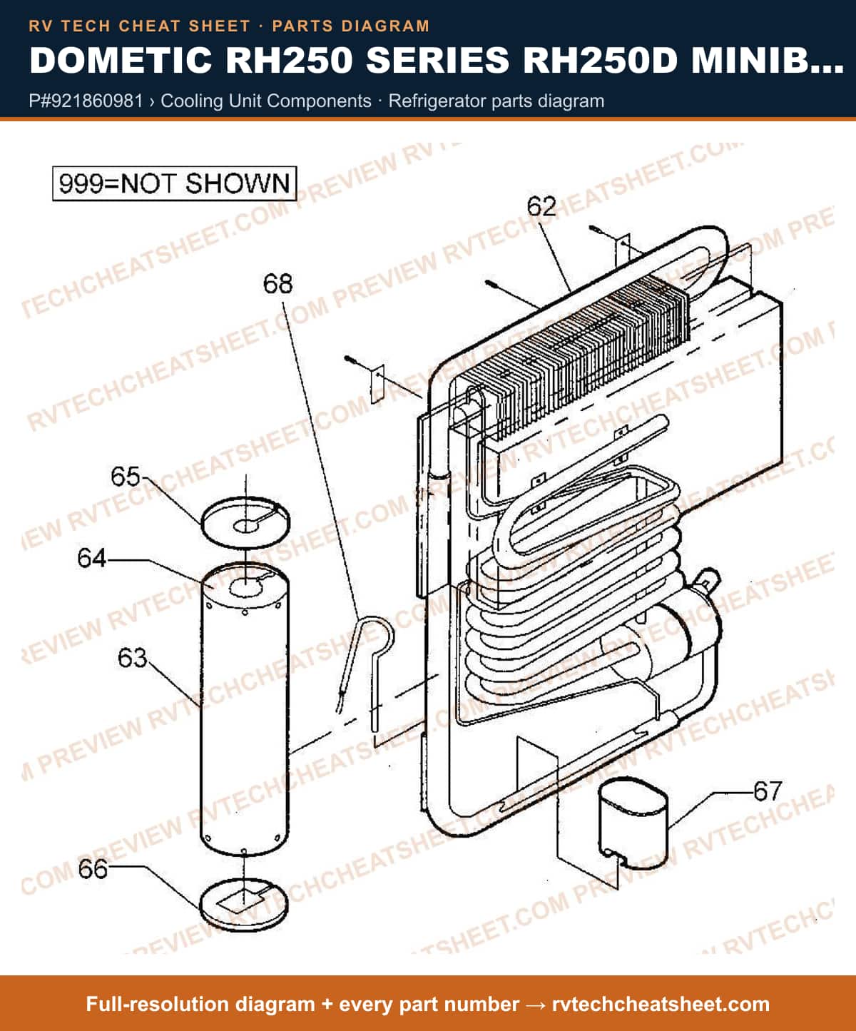 Dometic RH250 Series RH250D Minibar p#921860981 › cooling unit components — parts list sheet