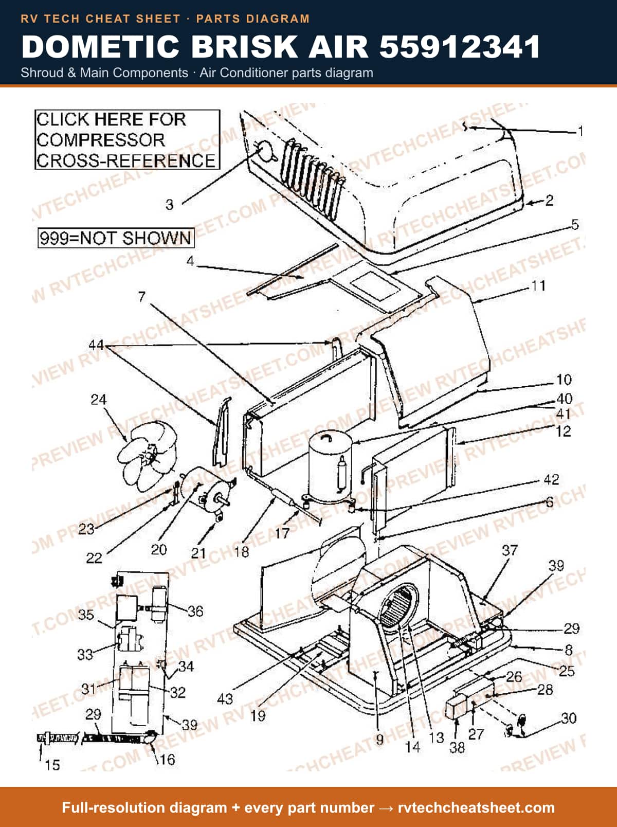 Dometic Brisk Air 55912341 shroud & main components — parts list sheet