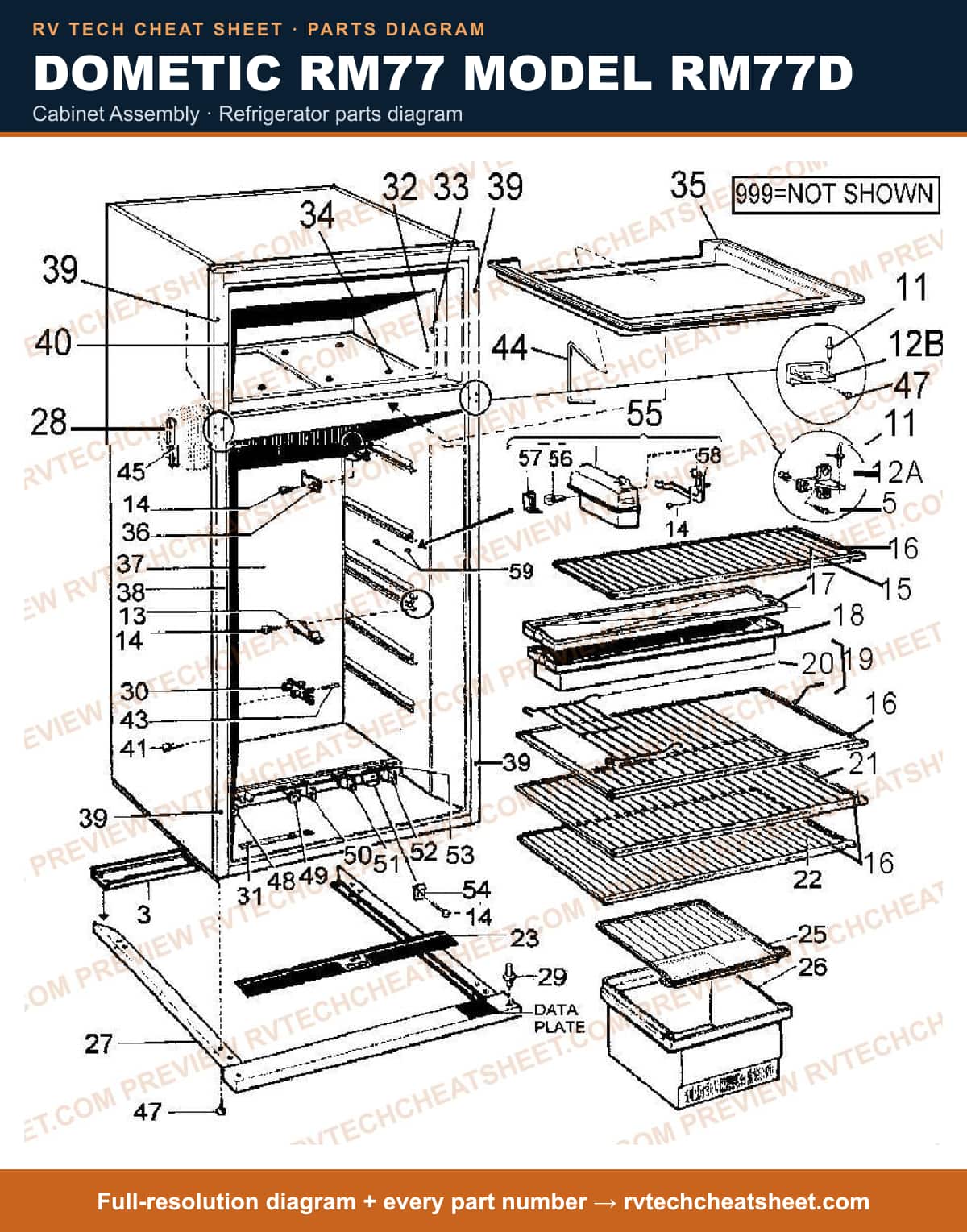 Dometic RM77 Model RM77D cabinet assembly — parts list sheet