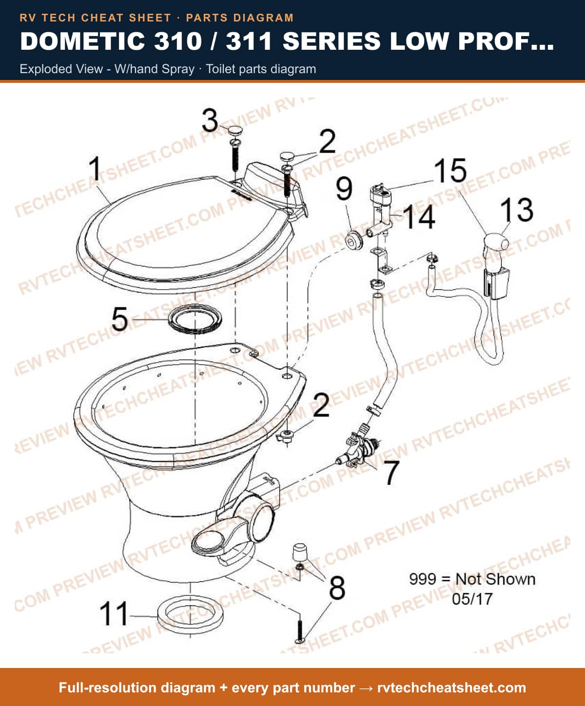 Dometic 310 / 311 Series Low Profile exploded view - w/hand spray — exploded parts diagram 2 of 3