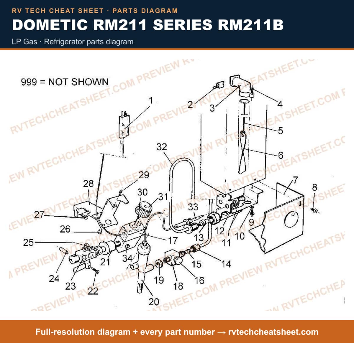 Dometic RM211 Series RM211B lp gas — parts list sheet