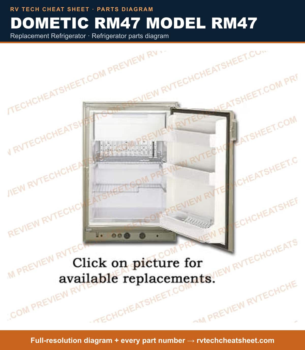 Dometic RM47 Model RM47 replacement refrigerator — parts list sheet